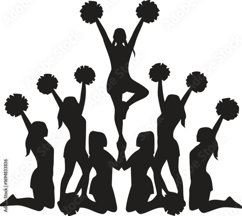 Silhouette of a cheerleading squad performing a pyramid formation with pom poms