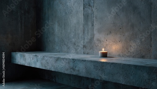 A single candle on a concrete bench
