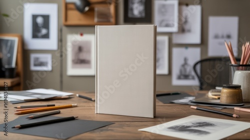 Blank Canvas of Creativity: The image presents a blank canvas on a wooden table, surrounded by sketching tools and drawings, offering an artistic representation.