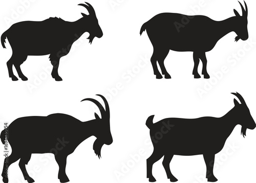 Four black silhouette goat poses standing isolated on white background