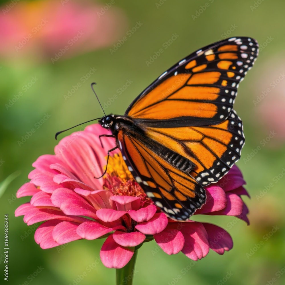 Fototapeta premium Vibrant monarch butterfly with orange and black wings resting on a delicate pink flower