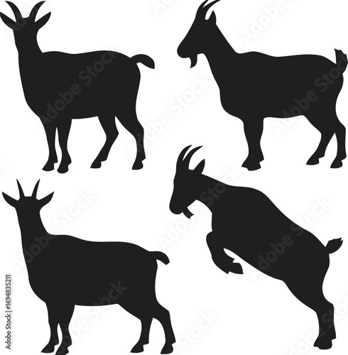 Collection of four black goat silhouettes in different poses on white background