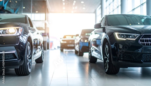 Sleek modern car lineup at a dealership showroom with bright, natural lighting