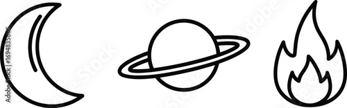 Line Art Planet Moon Flame Icons.