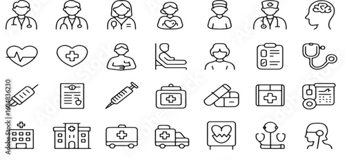 medical, healthcare, icons, set, vector, illustration, doctor, nurse, patient, hospital, clinic, ambulance, first aid kit, stethoscope, heartbeat, ECG, thermometer, pill, medicine, syringe, bed, medic