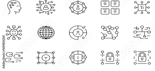  artificial intelligence, AI, blockchain, cryptocurrency, cyber security, data, network, digital, technology, security, brain, robot, globe, global network, analytics, vector illustration icon