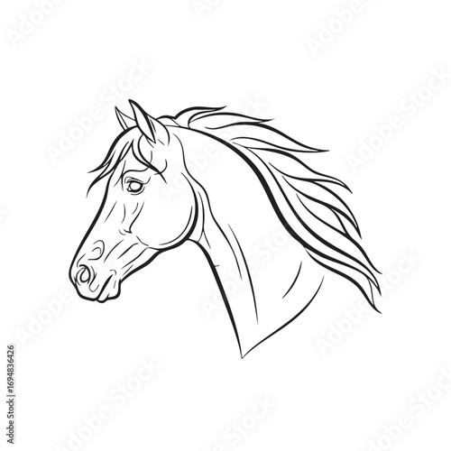 Minimalist Vector Illustration of Horse Head with flowing Mane in Black and White Style for Equine and Animal Design