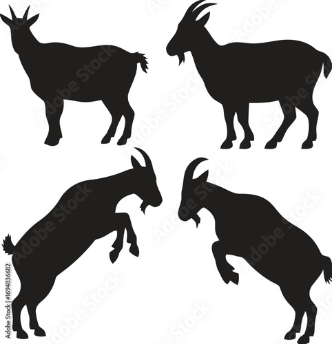Four black silhouette goats posed in different actions on white background