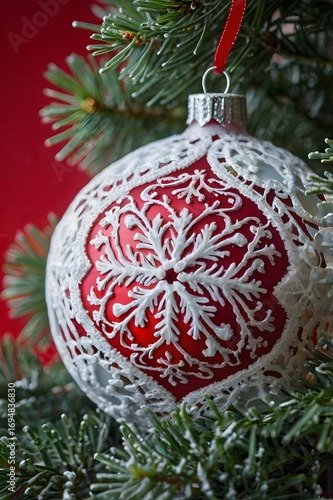 Elegant red Christmas bauble with white lace pattern hanging on a fir tree branch
