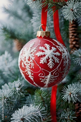 Elegant red Christmas bauble with white lace pattern hanging on a fir tree branch