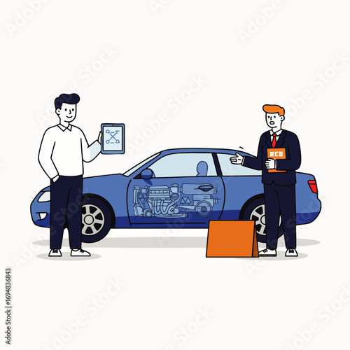 An expert car consultant explains internal details of an affordable, reliable pre-owned vehicle to a customer, ensuring a smart and trustworthy purchase.