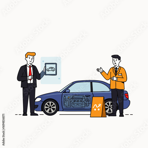 An expert mechanic explains the detailed internal components and reliable features of an affordable pre-owned vehicle to a prospective buyer at a local dealership.