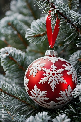 Elegant red Christmas bauble with white lace pattern hanging on a fir tree branch
