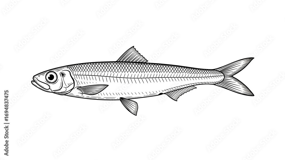 Obraz premium Vintage Anchovy Engraving, White Line on Black Background (PNG).
