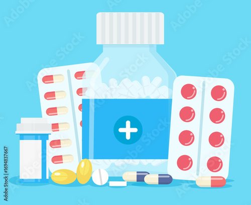 set of medical pills. Medicine healthcare vitamins and antibiotics capsule, pharmaceutical painkiller drugs isolated icons set. Antibiotic medical pharmaceutical, white pharmacy illustration