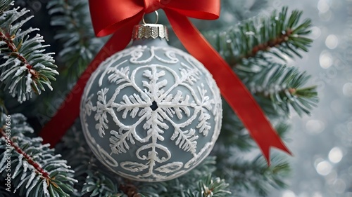 Elegant red Christmas bauble with white lace pattern hanging on a fir tree branch