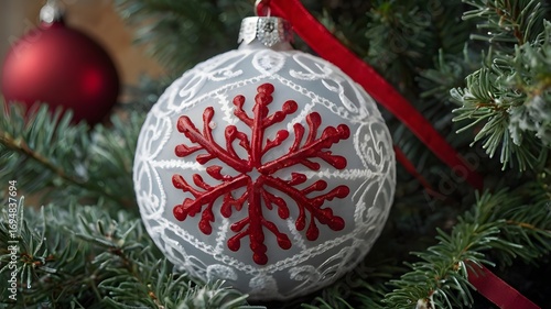 Elegant red Christmas bauble with white lace pattern hanging on a fir tree branch