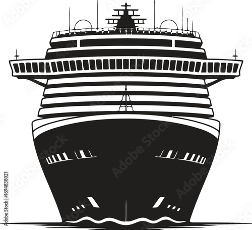 Front view of a large modern cruise ship sailing on the ocean