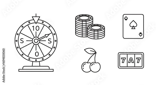 Simple line art icons representing casino games, including a spinning wheel, stacked chips, a playing card, cherries, and a slot machine.