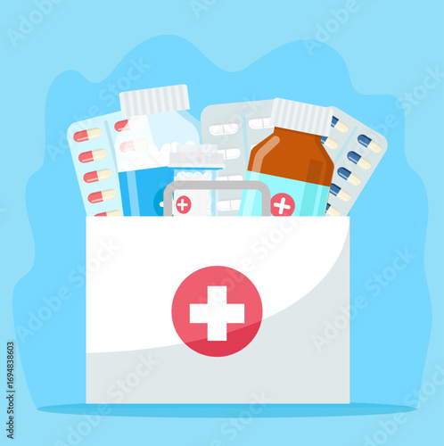 Set of pills, medicine, drugs. Painkiller Tablet, vitamine, pharmaceutical antibiotics. Medical background. Vector cartoon design.