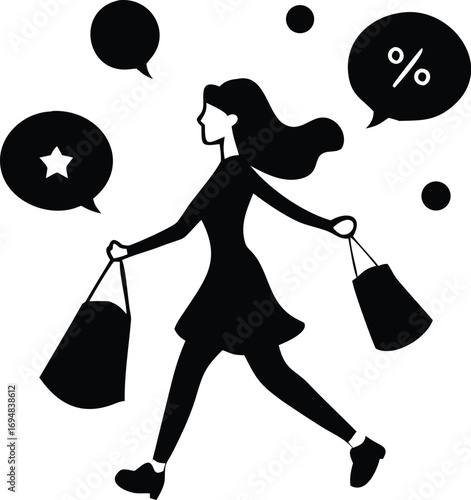 Stylized silhouette of a young woman with arms raised in joy happy celebration