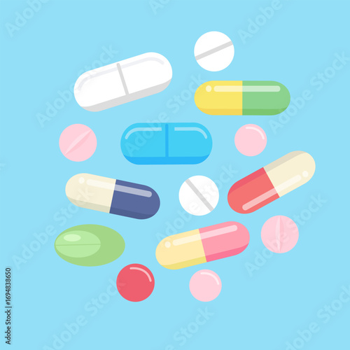 Set of pills, medicine, drugs. Painkiller Tablet, vitamine, pharmaceutical antibiotics. Medical background. Vector cartoon design.