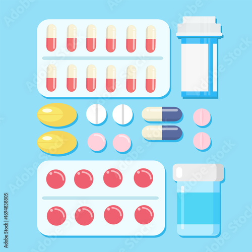 Set of pills, medicine, drugs. Painkiller Tablet, vitamine, pharmaceutical antibiotics. Medical background. Vector cartoon design.