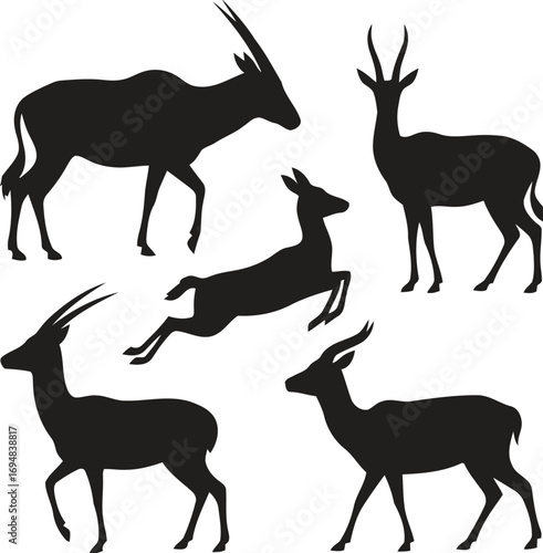 Collection of silhouette antelope and gazelle animals in various poses