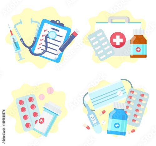 Medical equipment and healthcare vector illustration set. Medicine, pills, syringe, stethoscope, and medical mask in flat design style.