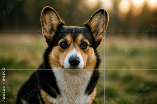 Pet photography rules: a corgi dog with a black, brown, and white coat, sitting in a grassy area with a grid overlay for composition reference. The background is softly blurred.