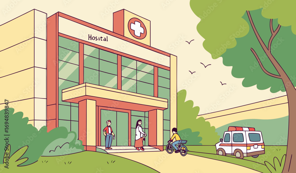 Naklejka premium A modern hospital building exterior with a large red cross sign, Urdu and English nameboards, an ambulance parked outside, and people entering through the glass doors. Add greenery, motorcycles, and s