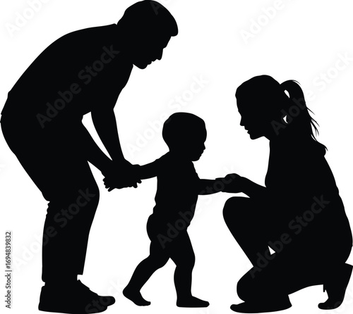 Family teaching child to walk parents baby