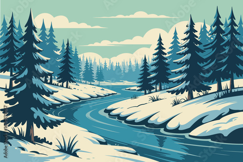 Winter Landscape with Frozen Lake Reflecting Snow-Covered Pine Trees and Calm River – Serene Nature Scene in Crisp, Cold Atmosphere