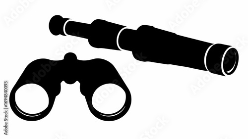 A monochrome illustration showcasing a pair of binoculars and a telescope on a plain white background view silhouette