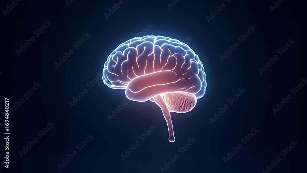 Obraz premium Health Theme, Digital hologram of human brain glowing, symbol of mental health and awareness