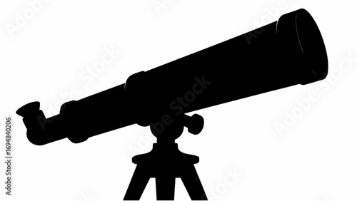 Silhouette of a telescope on a tripod stand pointing upwards against a plain white background image view