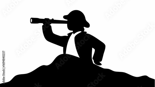 A person in silhouette stands atop a hill looking through a telescope against a white background view ahead