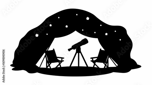 Silhouette of a tent with stars telescope and chairs for stargazing under the night sky scenery view