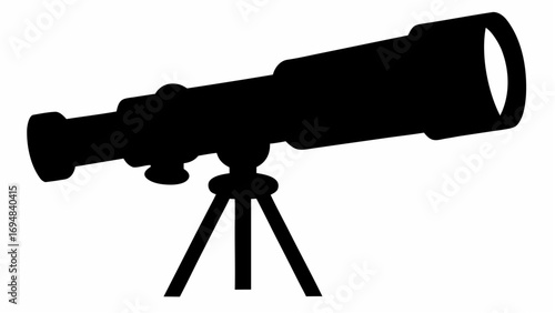 A silhouette of a telescope on a tripod, used for astronomy and stargazing, against a white background