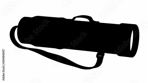 Silhouette of a black cylindrical bag with a handle and shoulder strap on a white background view