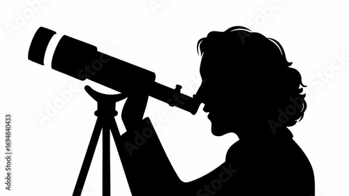 Silhouette of a person looking through a telescope on a tripod against a white background in a simple style