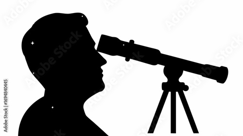 Silhouette of a person looking through a telescope with a tripod stand against a white background view