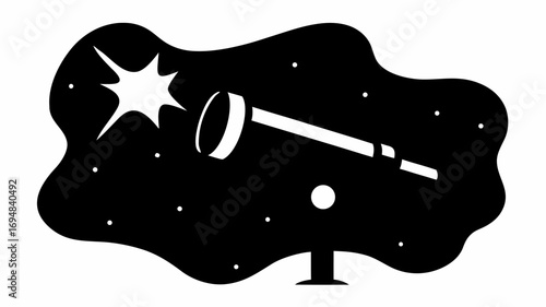 A telescope pointed at a star in a black and white illustration of a night sky with stars and a telescope stand silhouette