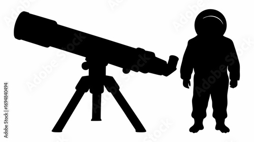 Silhouette of a telescope on a tripod next to a child wearing a hooded jumpsuit against white background