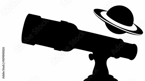 A silhouette of a telescope on a stand pointing towards a planet with rings in the night sky view