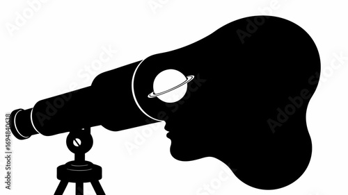 Silhouette of a person looking through a telescope with a planet in their head on a white background