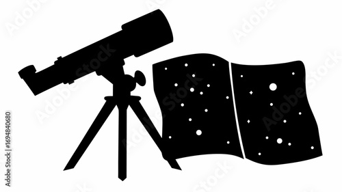 A telescope on a tripod next to a map of the stars in black and white silhouette style illustration
