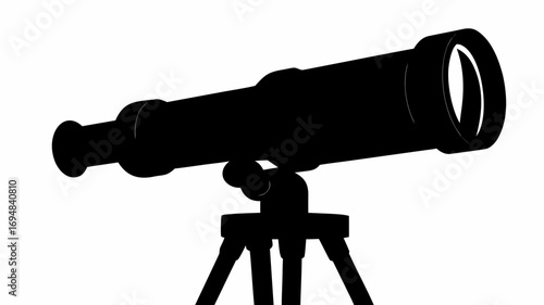 Silhouette of a telescope on a tripod stand against a white background for astronomical observation use