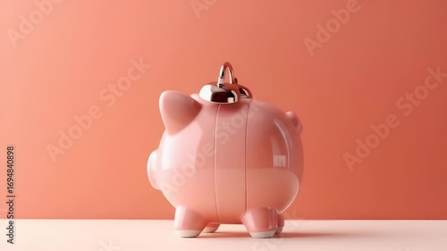 ピンクの豚の貯金箱とオレンジ色の背景にお金を節約するためのクリスマスの装飾品