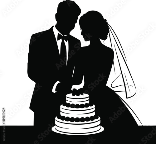 Bride and groom cutting wedding cake couple